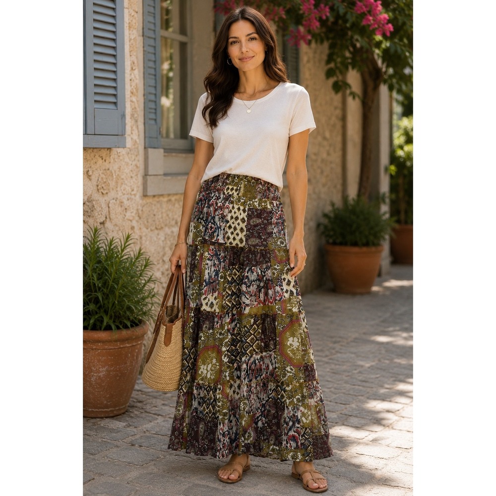 World Market S/M Lightweight Patchwork Boho Maxi Skirt Elastic Waist Tiered Flow
